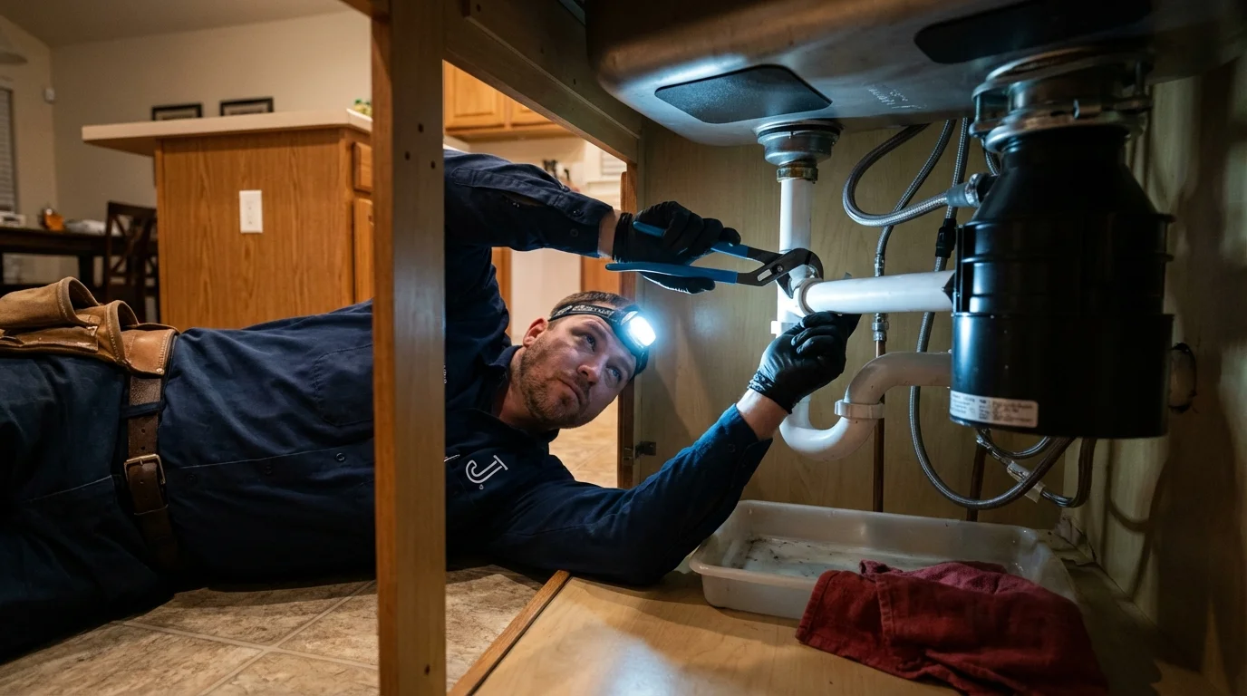 P-trap and supply line connections under a kitchen sink showing a common leak point in Mayersville, MS